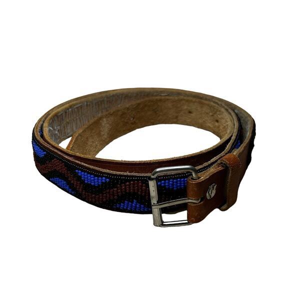 Brown Leather Belt Beaded Purple Black Aztec Western Fair Boho Country Southwest - Picture 1 of 8